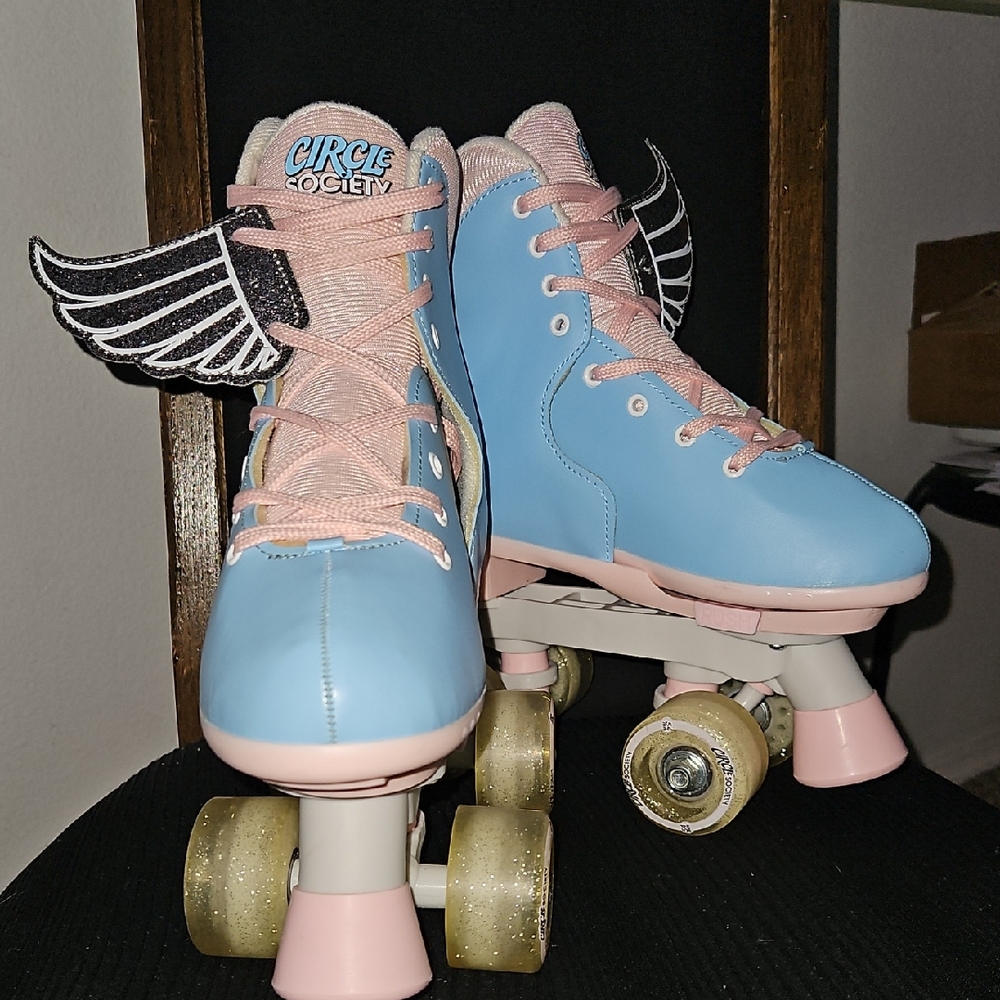 Circle Society Blue and Pink Roller Skates with Wings